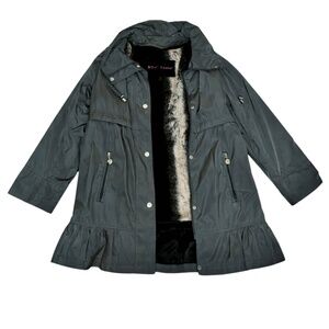 Betsey Johnson Rain Coat Small Black Ruffle Hem Water Resistant Missing Hood